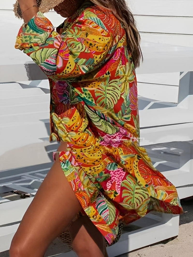 Montes - Tunique Chemise à Boutons avec Motif Fleuri