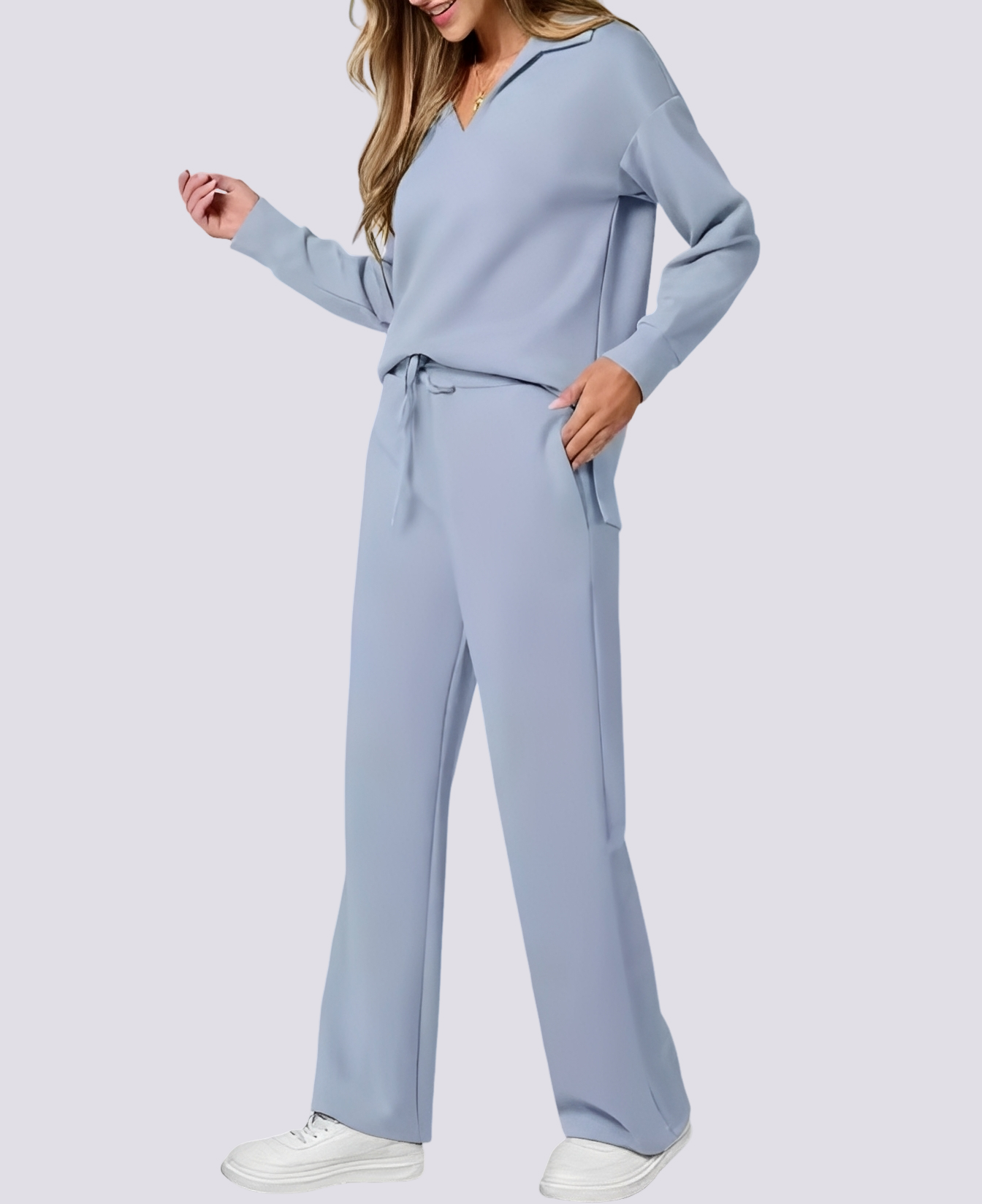 Bella - Tenue décontractée avec col V et ceinture élastique