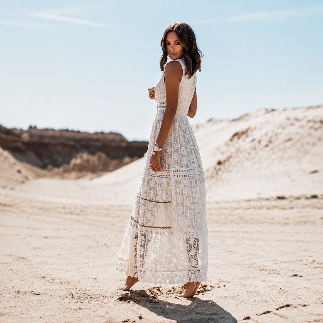 Flossie - Robe Maxi Élégante avec Col V et Taille Cintrée