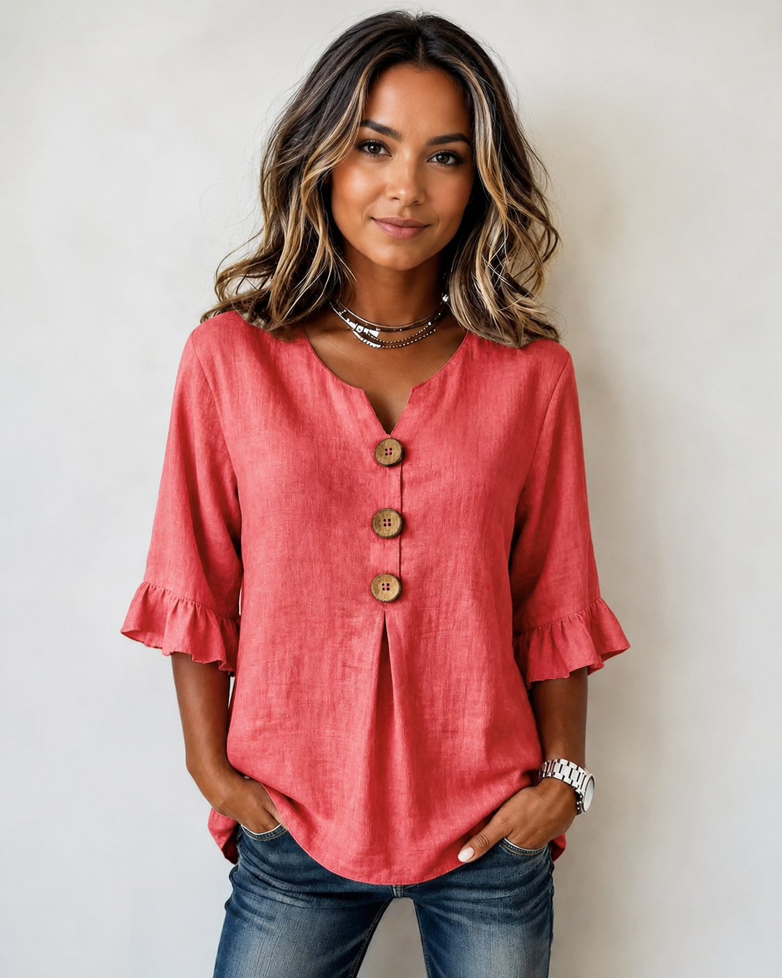 Glenda - Blouse Élégante à Col V avec Boutons