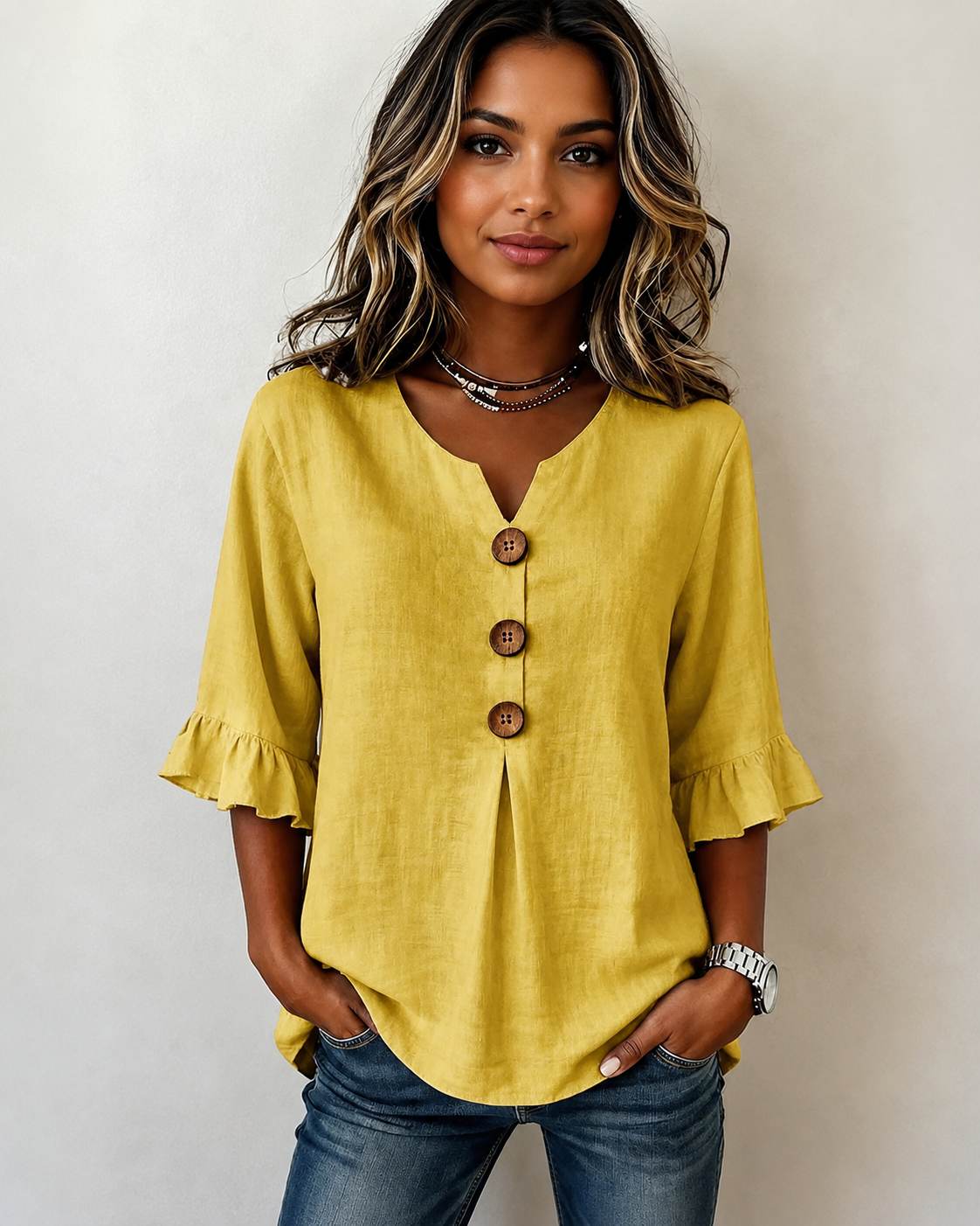Glenda - Blouse Élégante à Col V avec Boutons