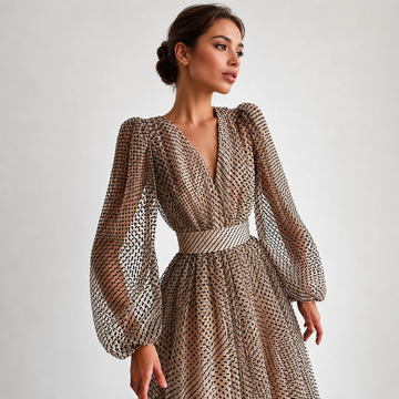Emina - Robe Élégante à Col V et Manches Longues
