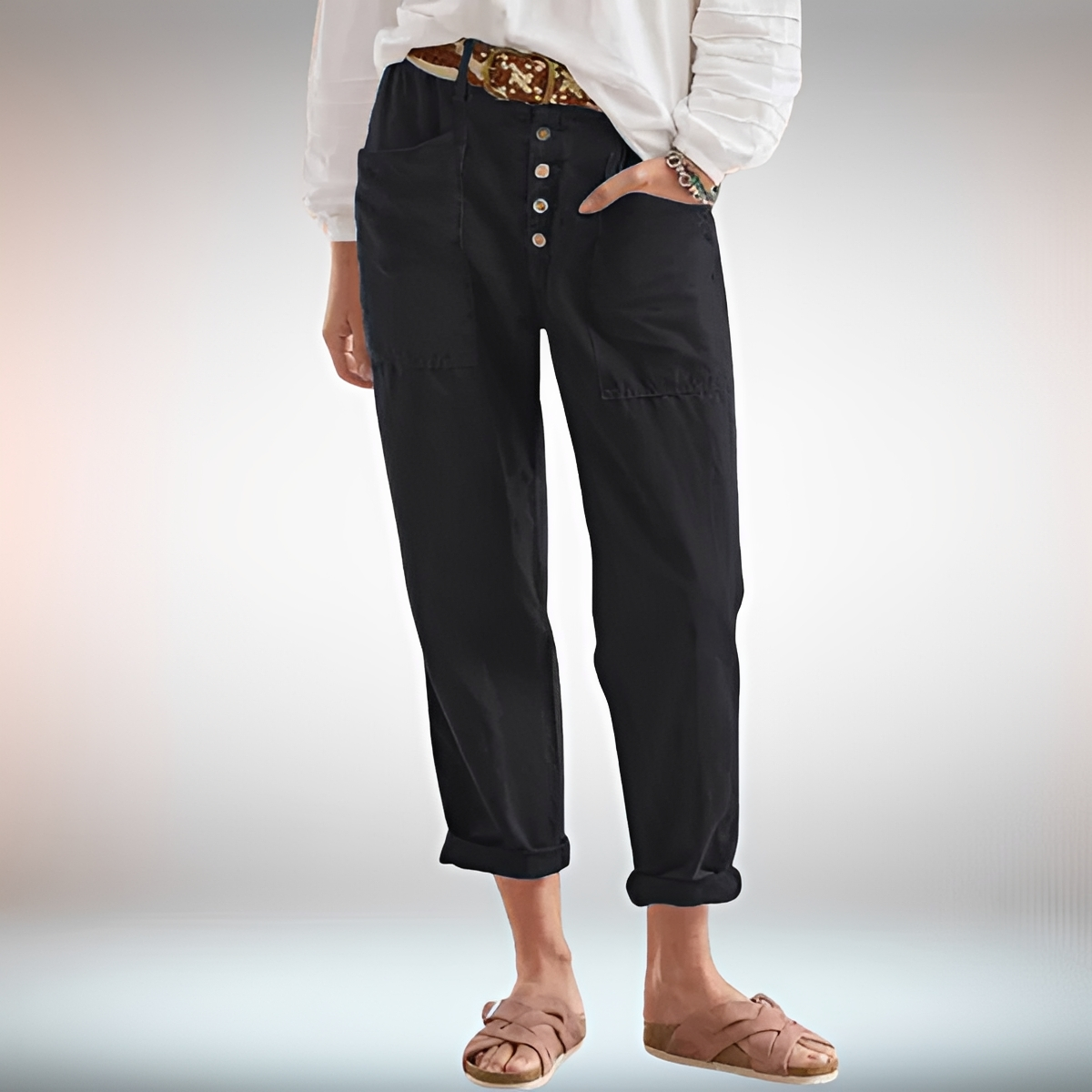 Rhonwen - Pantalon Chic avec Boutons et Coupe Lâche