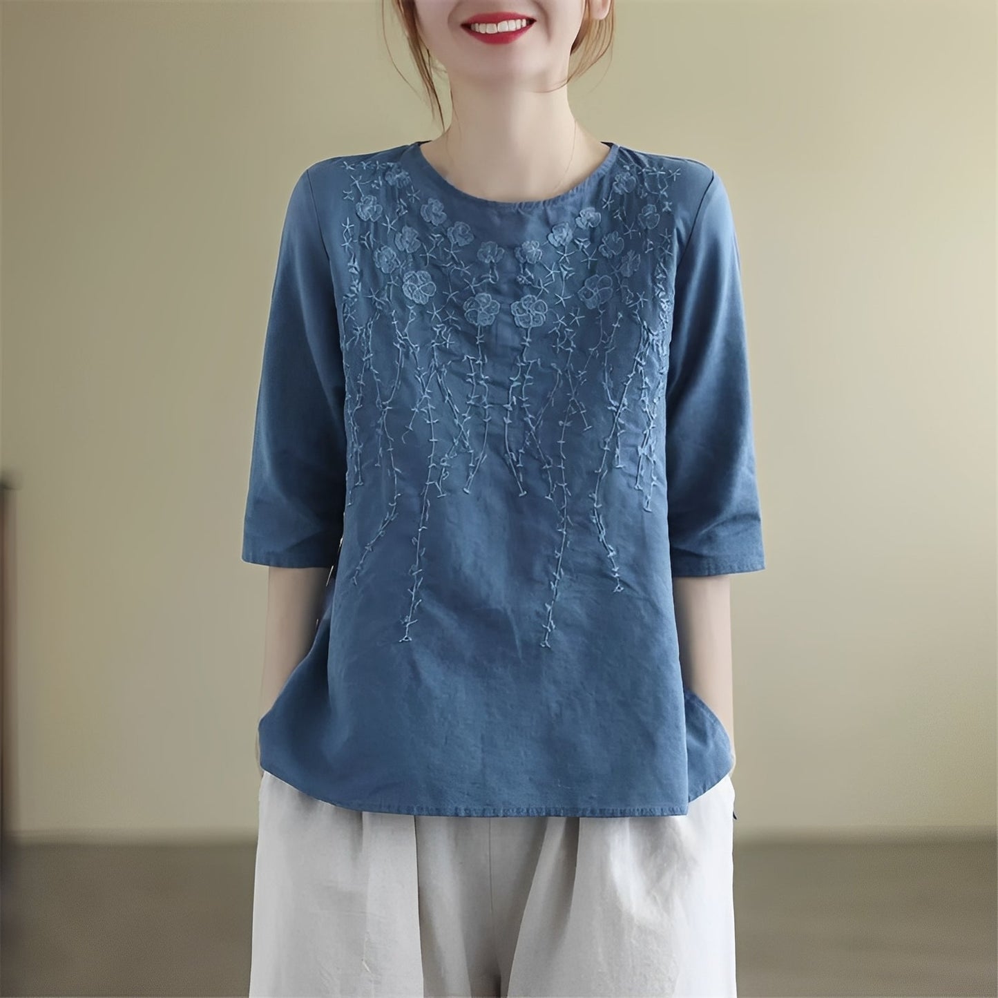 Amelia - Blouses élégantes brodées à manches mi-longues pour femmes
