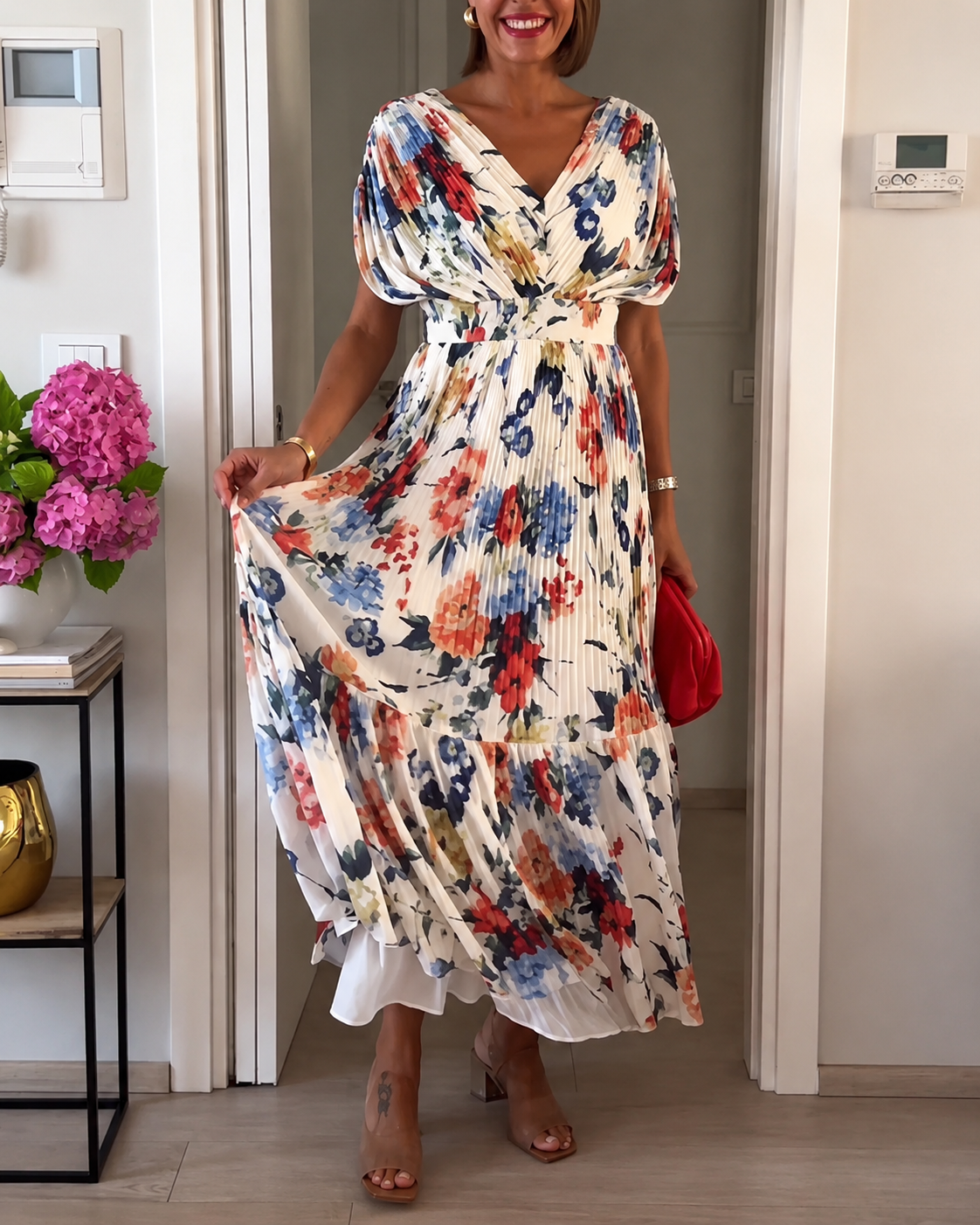 Sharon - Robe Élégante à Motifs Floraux avec Plis