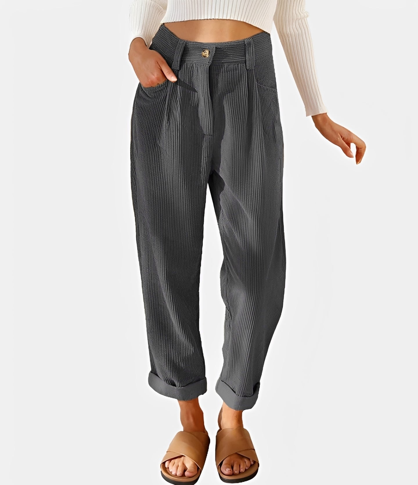 Liana - Pantalon taille haute à texture en relief, coupe décontractée