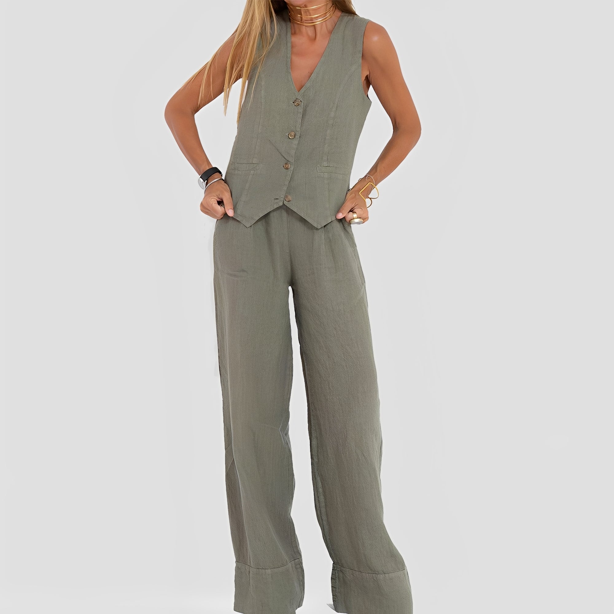 Joan - Ensemble pour femmes avec haut sans manches et pantalon large décontracté