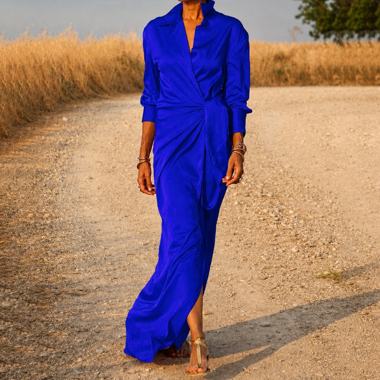 Connie - Robe Longue Croisée à Manches Longues